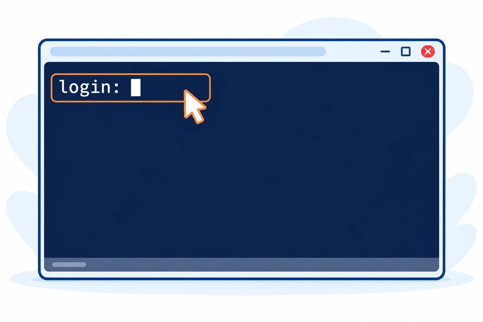 深色文字終端顯示 login 提示與空白游標, 橘框高亮登入輸入位置